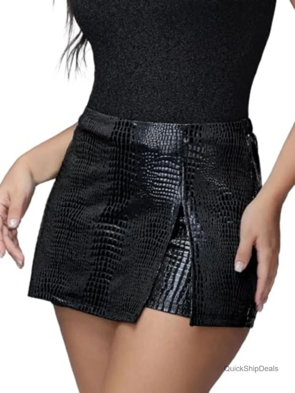 Women's High Stretch Faux Leather Skort Y2K Asymmetrical Hem Club Mini Skirt